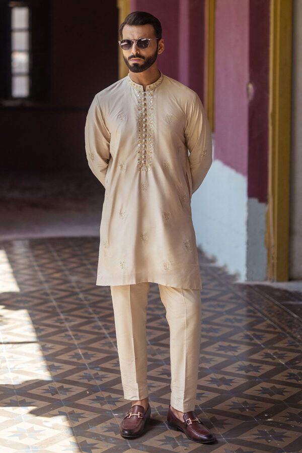 Beige Front Embroidered Silk Kurta Pajama