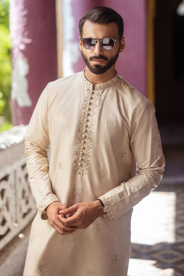 Beige Front Embroidered Silk Kurta Pajama - Image 2