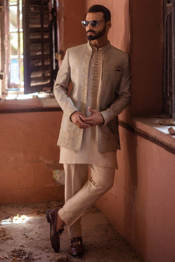 Beige Raw Silk Embroidered Jacket - Image 2