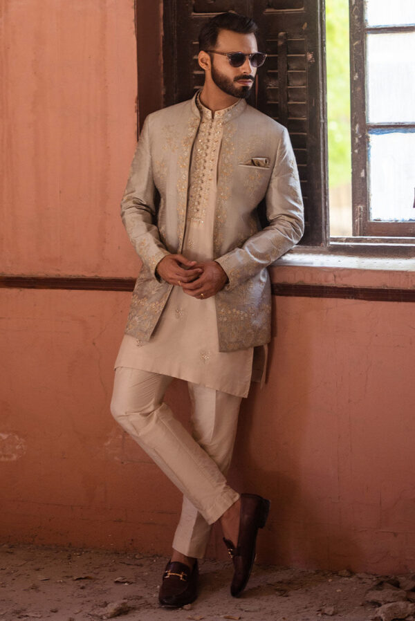Beige Raw Silk Embroidered Jacket - Image 3