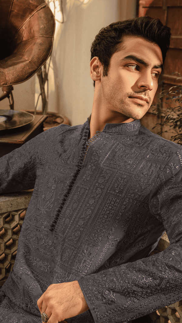 Black Embroidered Kurta Pajama - Image 2