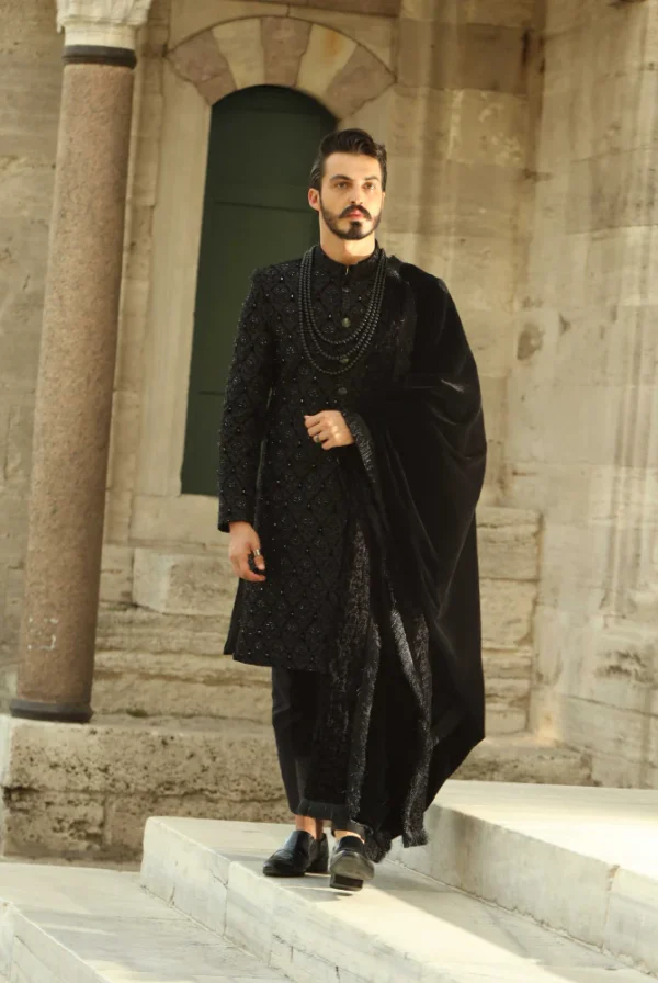 Royal Embroidered Black Velvet Sherwani