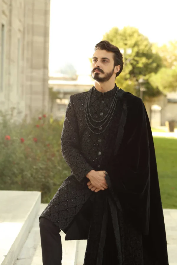 Royal Embroidered Black Velvet Sherwani - Image 4