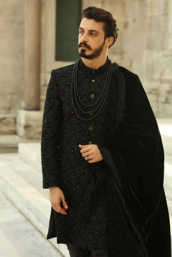 Royal Embroidered Black Velvet Sherwani - Image 2