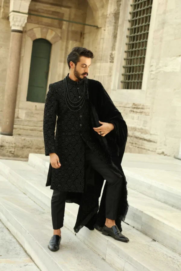 Royal Embroidered Black Velvet Sherwani - Image 3