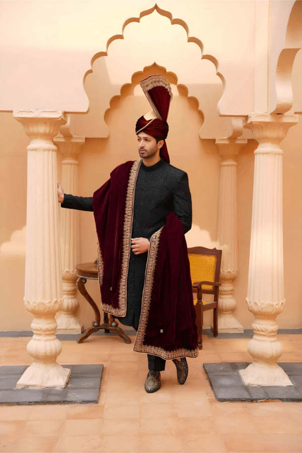 Black Embroidered Silk Sherwani for Groom