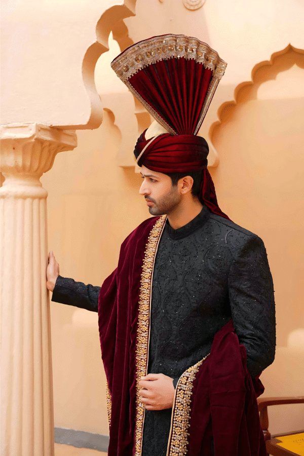 Black Embroidered Silk Sherwani for Groom - Image 2