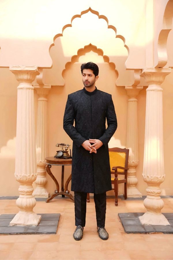 Black Embroidered Silk Sherwani for Groom - Image 3