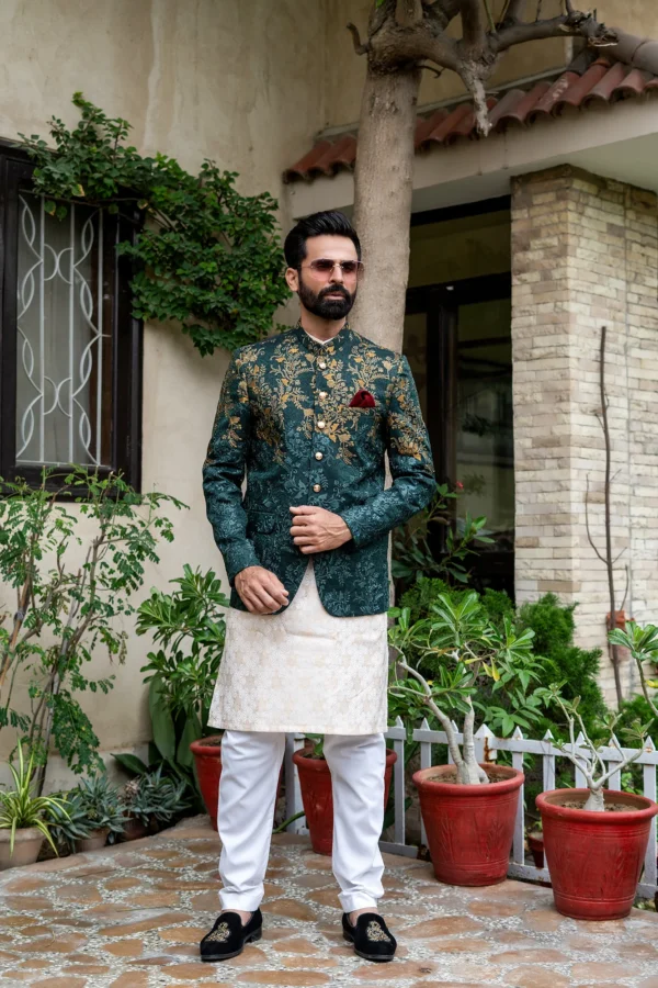 Green Copper Mehndi Prince Coat - Image 2
