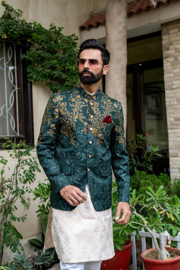 Green Copper Mehndi Prince Coat - Image 3