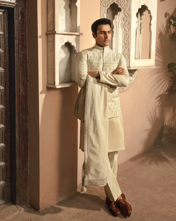 Off-White Embroidered Raw Silk Waist Coat - Image 2