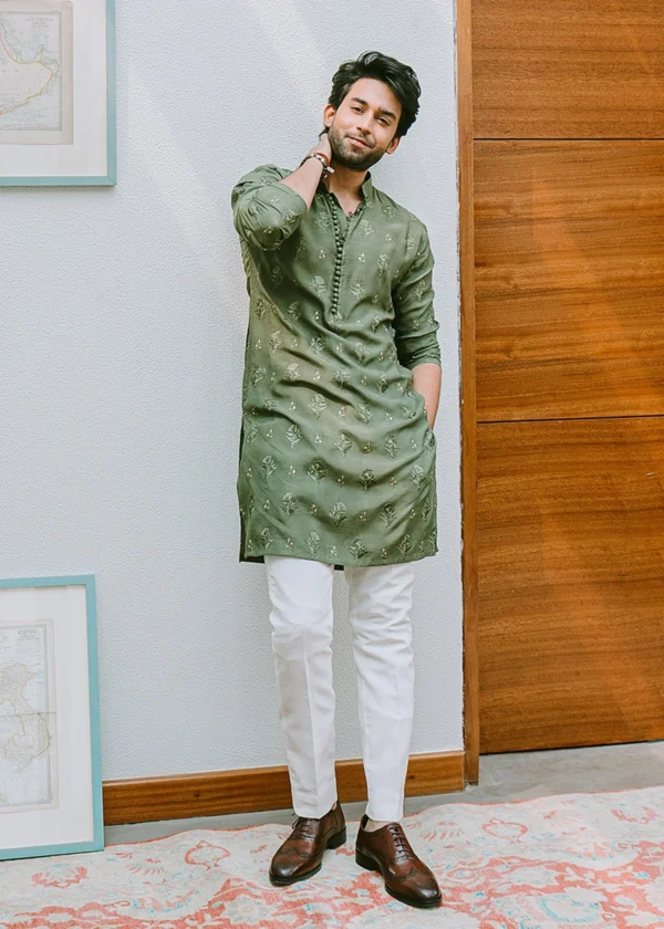 Olive Green Embroidered Kurta Pajama