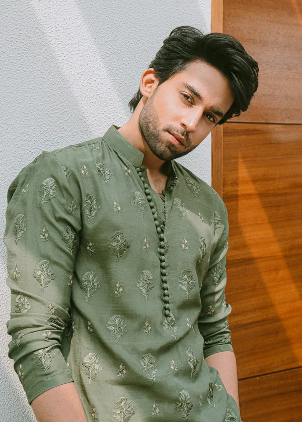 Olive Green Embroidered Kurta Pajama - Image 2
