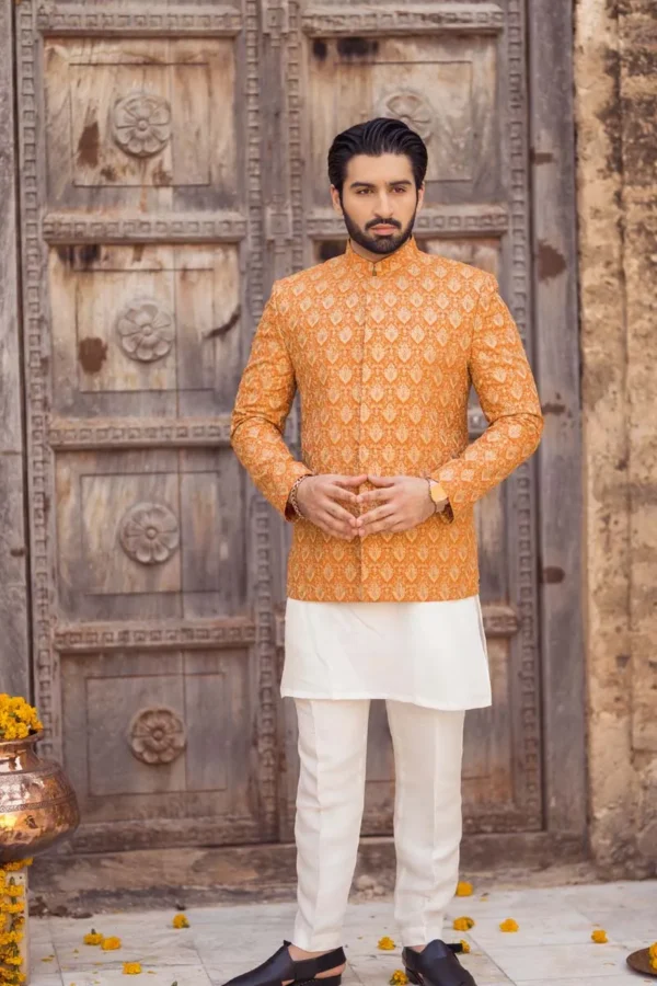 Orange Raw Silk Embroidered Prince Coat