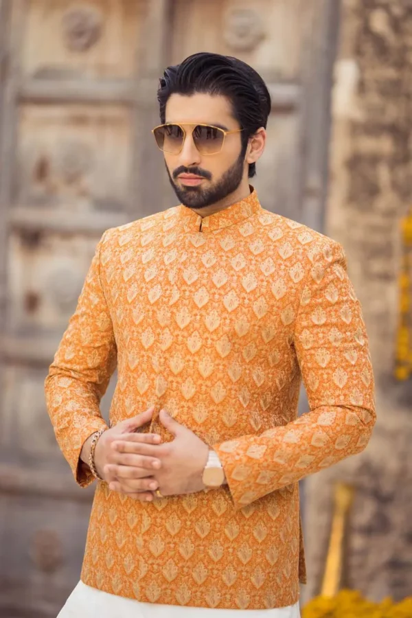Orange Raw Silk Embroidered Prince Coat - Image 2