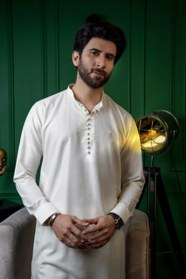 White Loop Button Kurta Pajama - Image 2