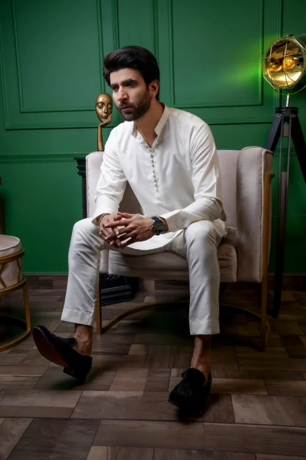 White Loop Button Kurta Pajama - Image 3